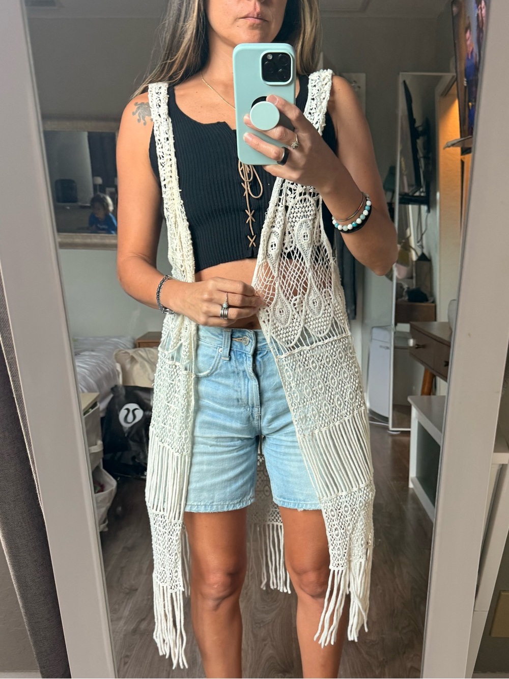Dream State Crochet Lace Fringe Vest Cover Up – One Size – Boho Festival Style